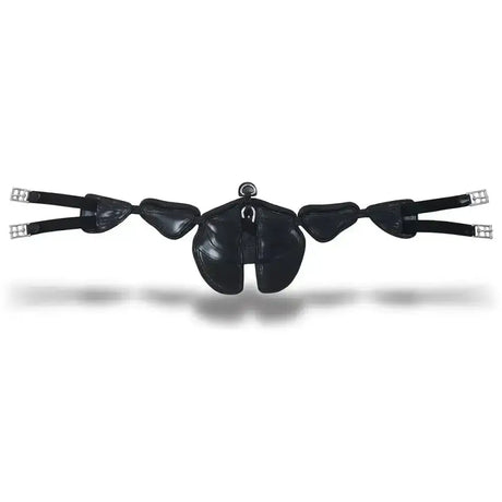 Black leather freedom jumping stud girth with silver buckles and central d-ring providing independent support