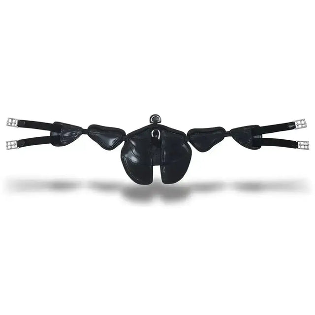 Black leather freedom jumping stud girth with silver buckles and central d-ring providing independent support