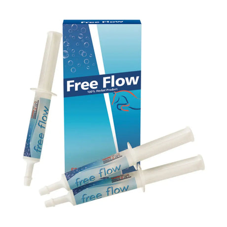 Blue and white packaged freeflow herbal syringes with horse silhouette designed for horse supplements and aid micturition