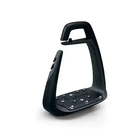 Black freejump soft classic stirrup with flexible outer branch, textured non-slip footbed, and metallic grip studs