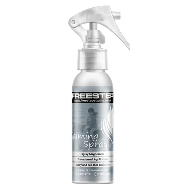 Silver freestep calming spray bottle with clear trigger nozzle for transdermal magnesium to calm easily spooked horses