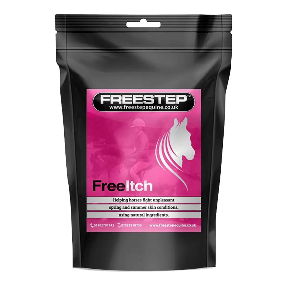 Pink and black resealable pouch of freestep freeitch horse skin care designed to help rub problems and soothe irritation