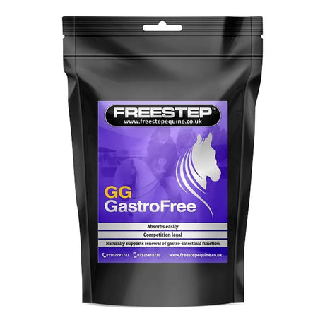 Black resealable pouch of freestep gg gastrofree horse supplement with purple label and white horse silhouette for competing horses