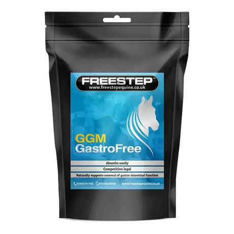 Black resealable pouch of freestep ggm gastrofree horse supplement with blue label and white horse silhouette for competing horses