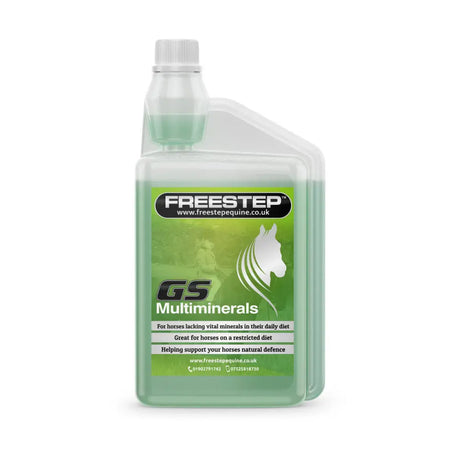 A translucent green plastic freestep gs multiminerals bottle with white cap for horses lack vital minerals including zinc