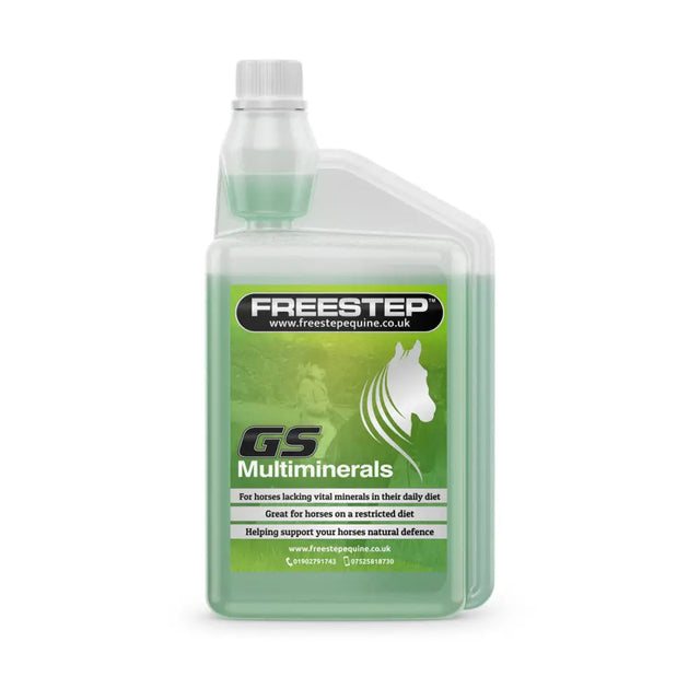 A translucent green plastic freestep gs multiminerals bottle with white cap for horses lack vital minerals including zinc