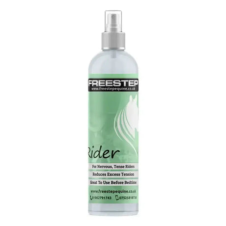 A clear plastic freestep rider spray bottle with silver nozzle and light green label for nervous tense riders