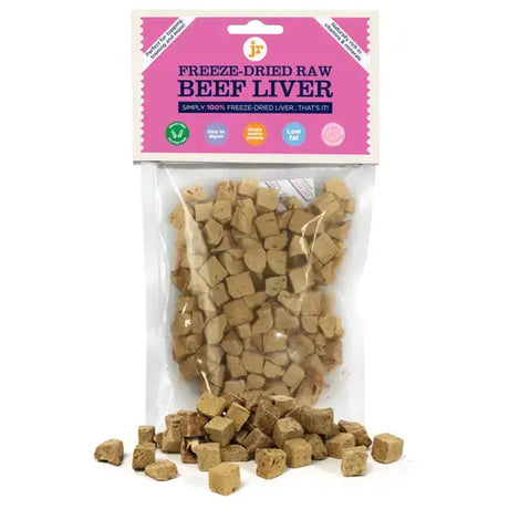 Freeze-dried dog training treats raw beef liver in pink and white packaging gently freeze-dried for raw feeding