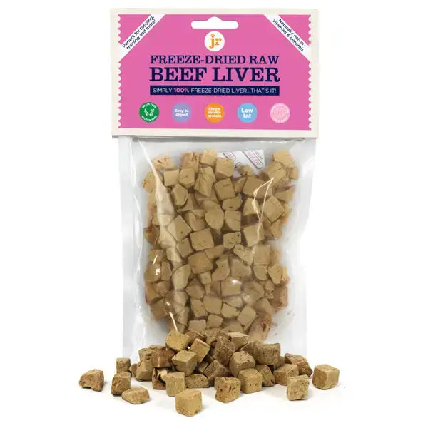 Freeze-dried dog training treats raw beef liver in pink and white packaging gently freeze-dried for raw feeding