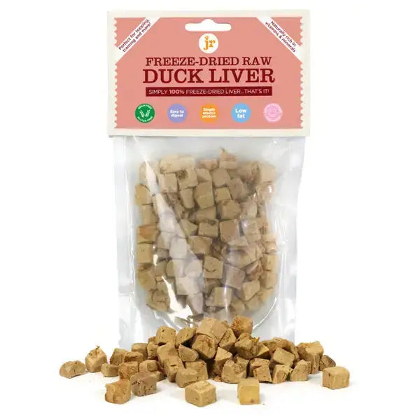 A package of jr freeze-dried dog training treats with raw duck liver cubes in clear packaging for raw feeding