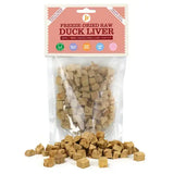 A package of jr freeze-dried dog training treats with raw duck liver cubes in clear packaging for raw feeding