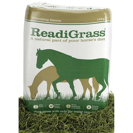 A 15kg bag of friendship estates readigrass premium quality forage with green and beige horse silhouettes on white packaging