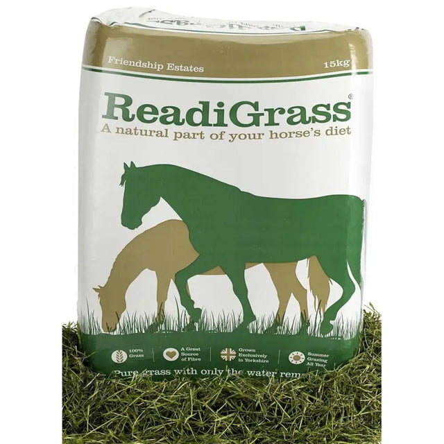 A 15kg bag of friendship estates readigrass premium quality forage with green and beige horse silhouettes on white packaging