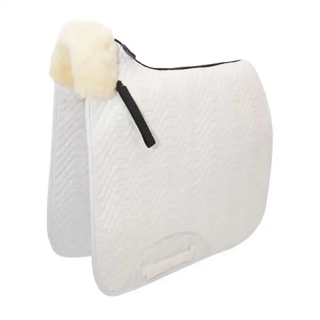 White quilted rolled dressage square pad with fluffy cream fleece trim and black zipper, rolled edge protects high wither dressage