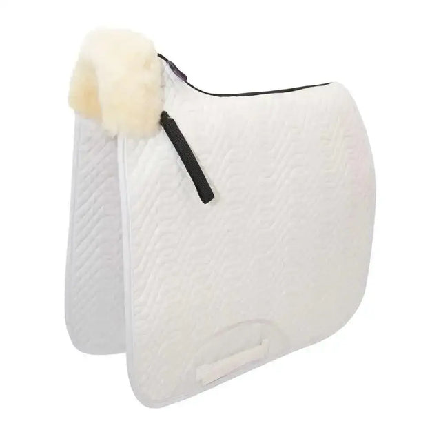 White quilted rolled dressage square pad with fluffy cream fleece trim and black zipper, rolled edge protects high wither dressage