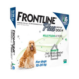 Frontline plus double action frontline flea treatments in a white and blue box with a golden-coated dog for pet’s home environment