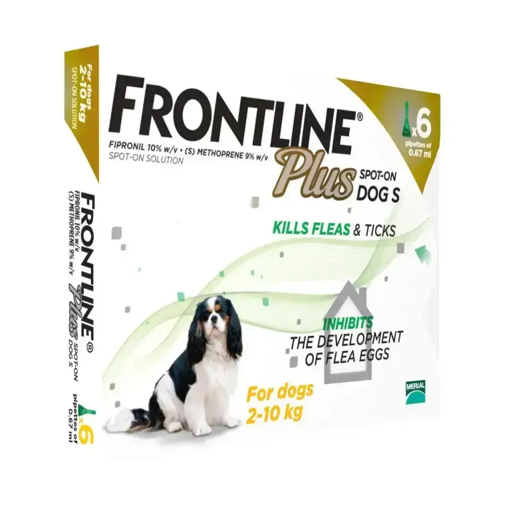 Frontline plus double action flea treatments for dogs 2-10 kg in white and gold box with cavalier king charles spaniel image