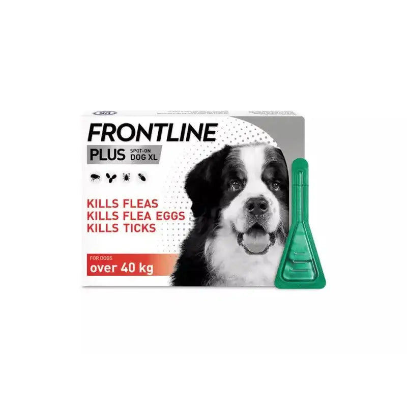 Frontline plus double action flea treatments for dogs over 40 kg with green applicator protects pet’s home environment