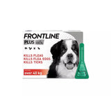 Frontline plus double action flea treatments for dogs over 40 kg with green applicator protects pet’s home environment