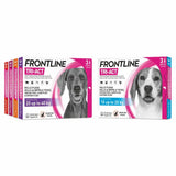 Pink and white frontline tri-act spot-on solution boxes for dogs with images of two breeds kills disease-carrying parasites fast