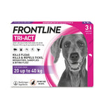 Pink and white frontline tri-act spot-on solution box for dogs with unique formula kills disease-carrying parasites faster