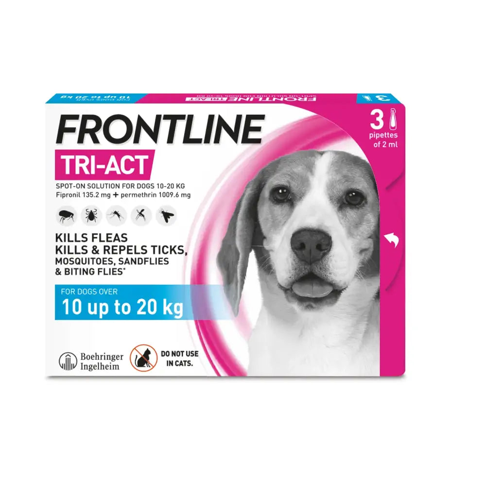 Pink and white frontline tri-act spot-on solution for dogs with unique formula that kills disease-carrying parasites faster