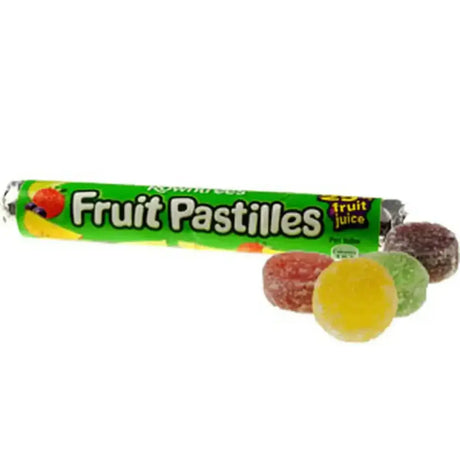 Green wrapped fruit pastilles candy tube with colorful round fruit pastilles spilling out perfect for horses fans