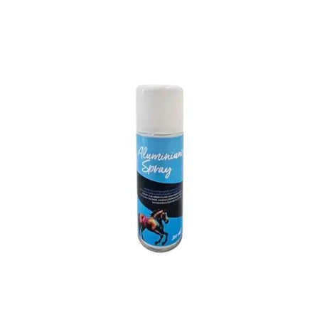 Blue and white fsah aluminium spray can with horse illustration for spray wound care and disinfecting metal film