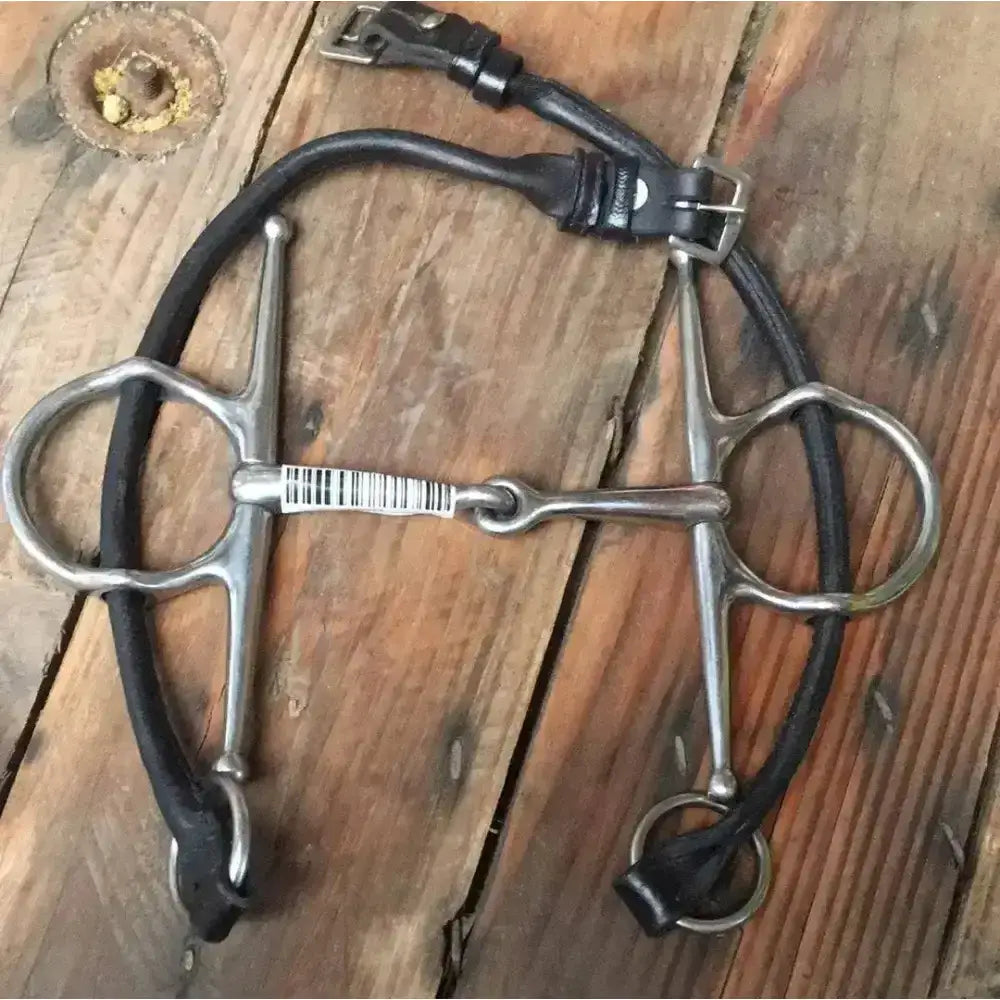 Black leather full cheek gag bit with silver metal bridle bits and barcode sticker for horse bits use