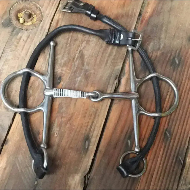 Black leather full cheek gag bit with silver metal bridle bits and barcode sticker for horse bits use