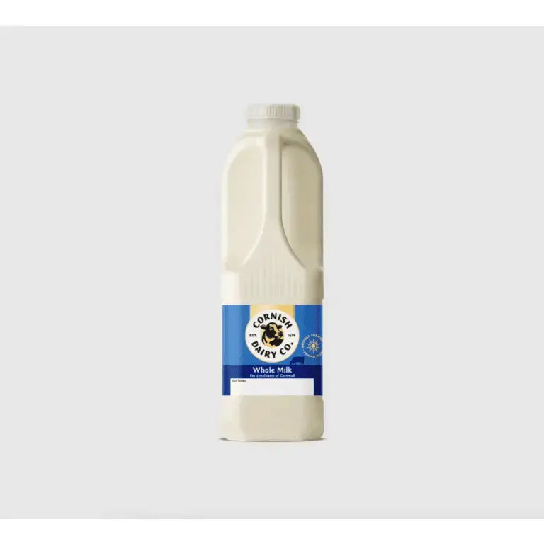 Cream-colored plastic bottle of full fat whole milk from cornish dairy co with high welfare standards label