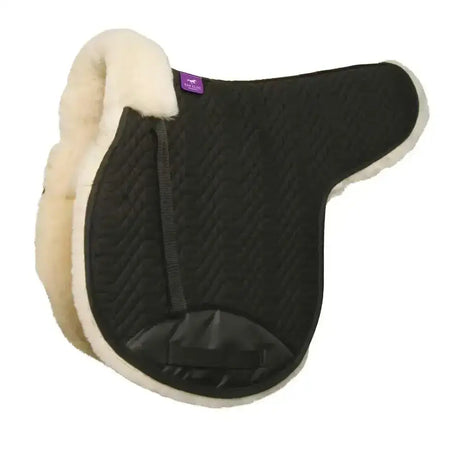 Black quilted fully lined gp numnah with cream sheepskin trim and purple brand tag for optimum comfort