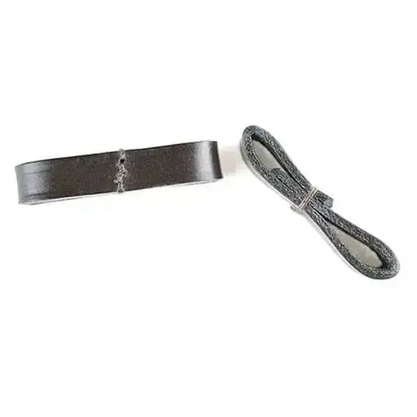 Black leather fulmer loops belt strap with coiled gray cord attached for cheek bit use in equestrian gear