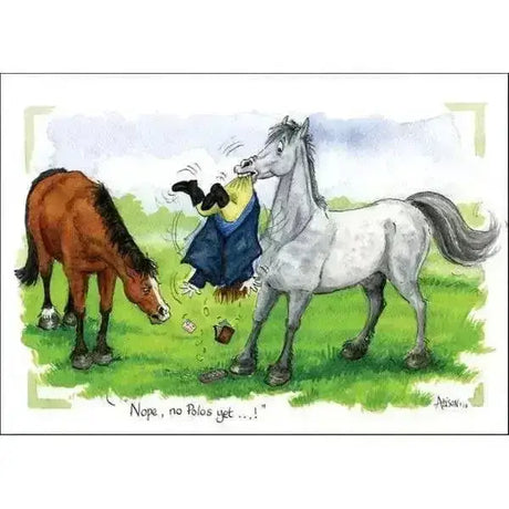 A funny horsey card by splimple showing a man in blue overalls being flung by two horses one brown and one white