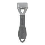 Gray plastic furminator adjustable dematter tool with textured grip and triangular cutout handle for hand pet dematter