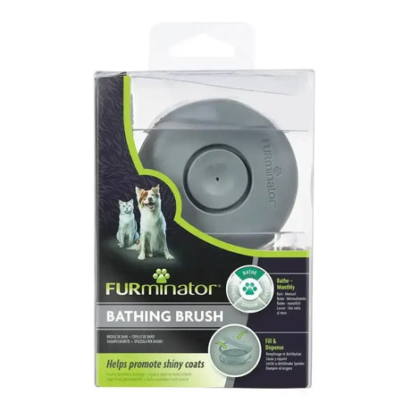 Gray circular furminator bathing brush with smooth design and central hole to loosen pet hair and promote shiny coats