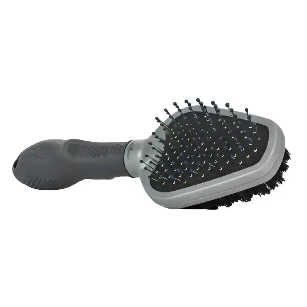 Gray plastic furminator dual grooming brush with black boars hair bristles and textured grip handle for ultimate hair reduction