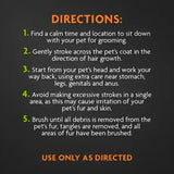 Orange and green text on the back of furminator dual grooming brush shows step-by-step pet grooming using boars hair bristles