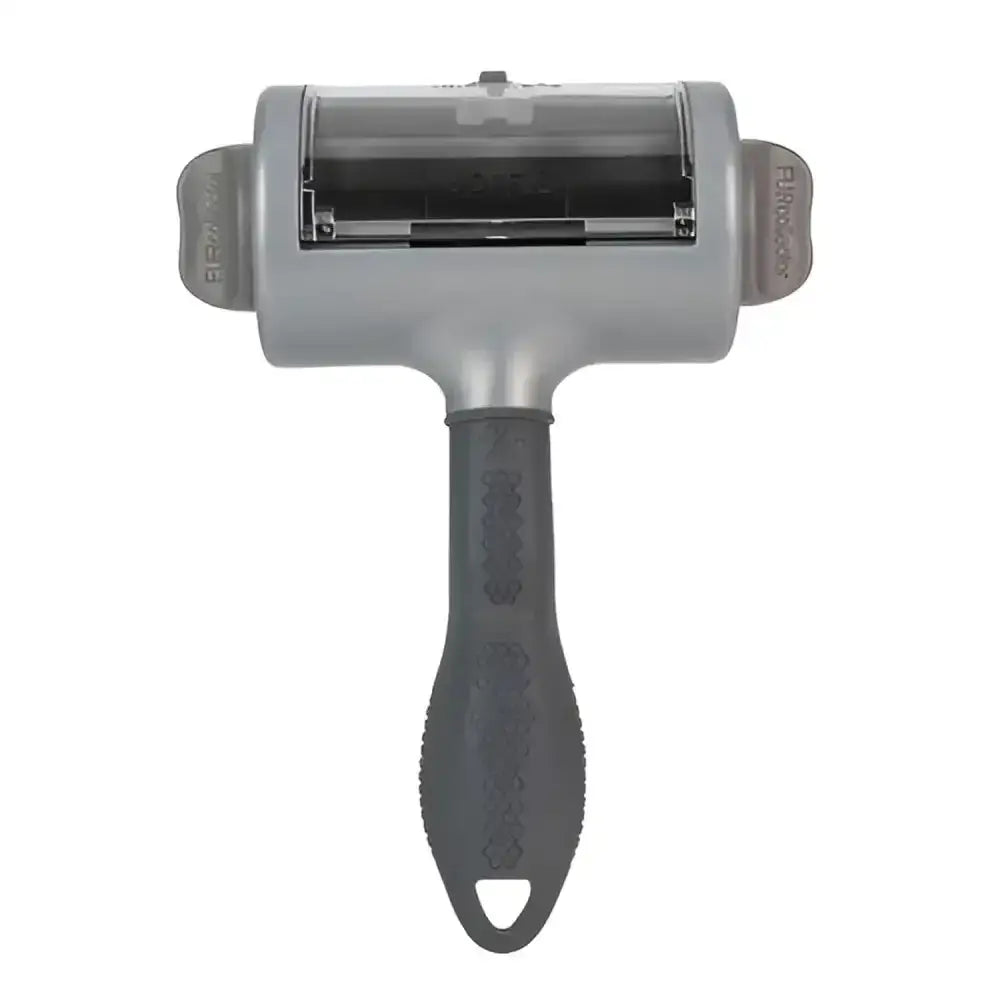 Gray plastic furminator hair collection tool pet hair remover with textured grip and transparent roller for embedded pet hair
