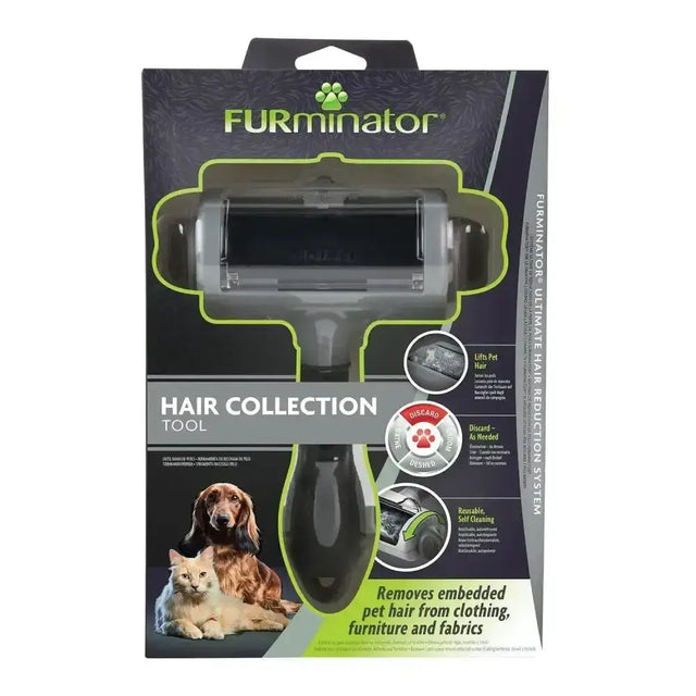 Furminator hair collection tool pet hair remover in black and gray with self-cleaning design for embedded pet hair