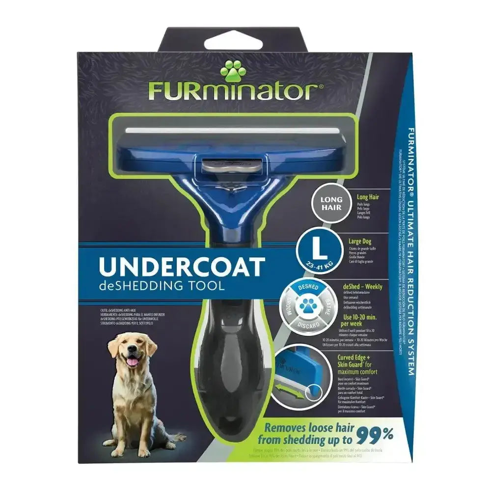 Blue and black furminator undercoat deshedding tool for long hair dog designed for large dogs and heavy shedding