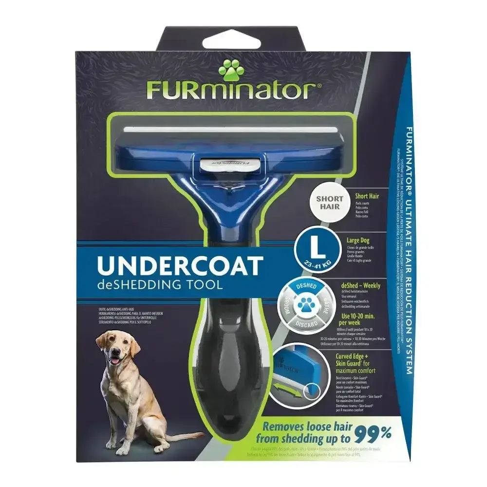 Blue and black furminator undercoat deshedding tool for short hair dog with curved edge and skin guard design