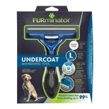 Blue and black furminator undercoat deshedding tool for short hair dog with curved edge and skin guard design