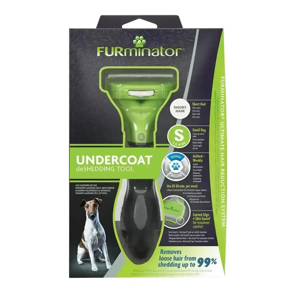 Green and black furminator undercoat deshedding tool for short hair dog designed for small breeds