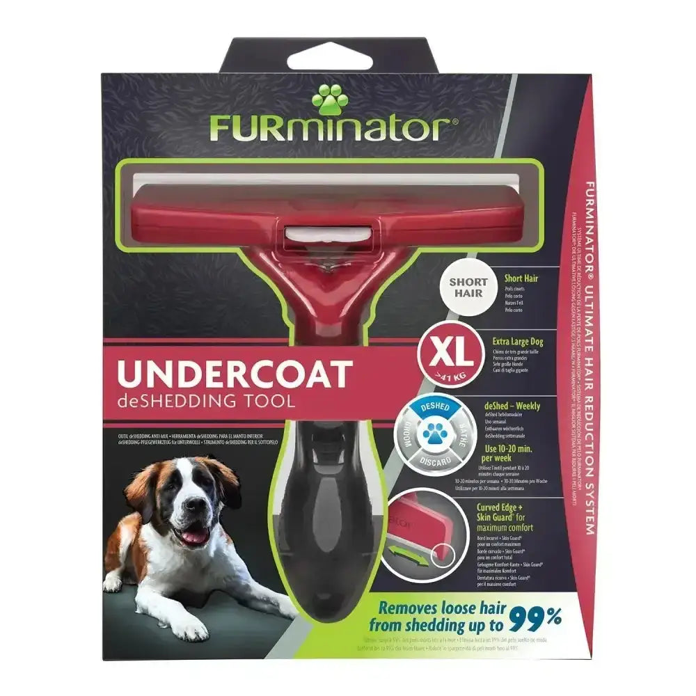 Red and black furminator undercoat deshedding tool for short hair dogs designed for extra large breeds