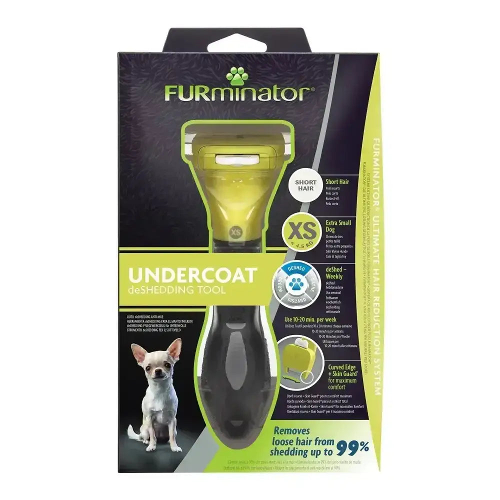 Furminator undercoat deshedding tool for short hair dog with lime green and black curved edge and slim guard design