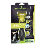 Furminator undercoat deshedding tool for short hair dog with lime green and black curved edge and slim guard design