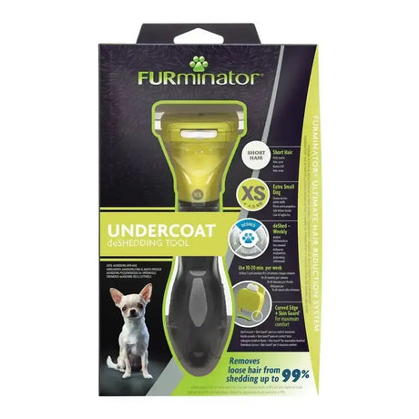 Furminator undercoat deshedding tool for short hair dog with lime green and black curved edge and slim guard design