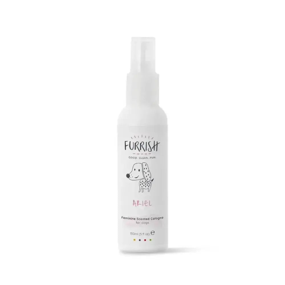 White spray bottle of furrish ariel feminine scented cologne for dogs with cartoon dog illustration and ariel label