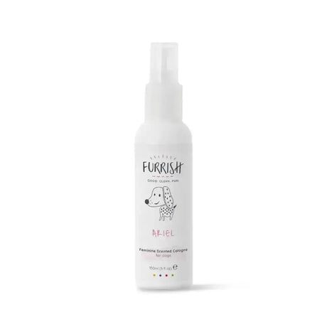 White spray bottle of furrish ariel feminine scented cologne for dogs with cartoon dog illustration and ariel label
